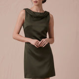 Olive Muse draped satin mini dress, front detail