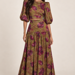 Olive Roseraie green and pink floral skirt set, studio front view