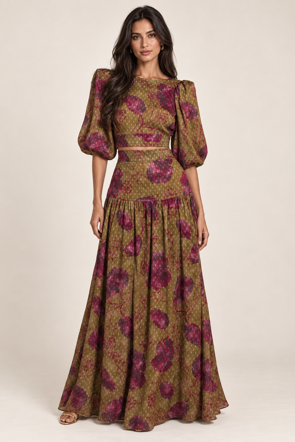 Olive Roseraie green and pink floral skirt set, studio front view