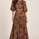 Olive Roseraie green and pink floral skirt set, studio front view