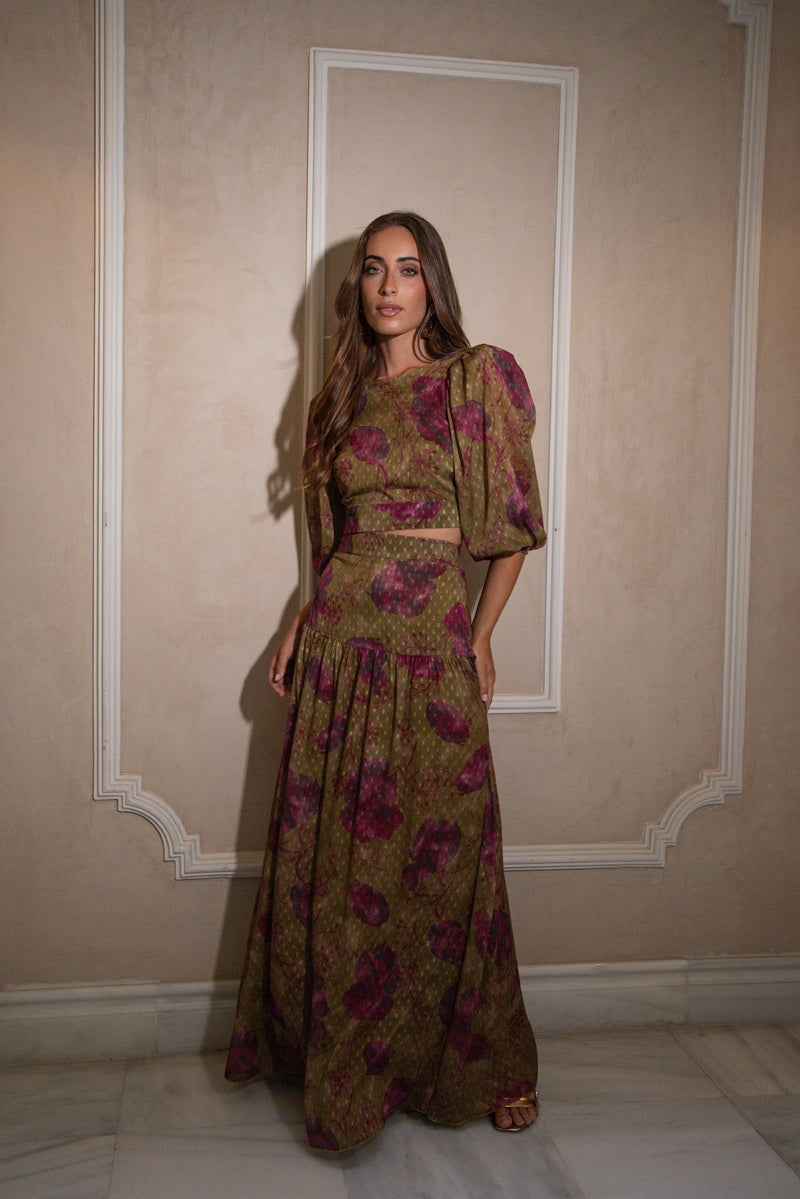 Olive Roseraie dotted Swiss top and skirt set, full-length view