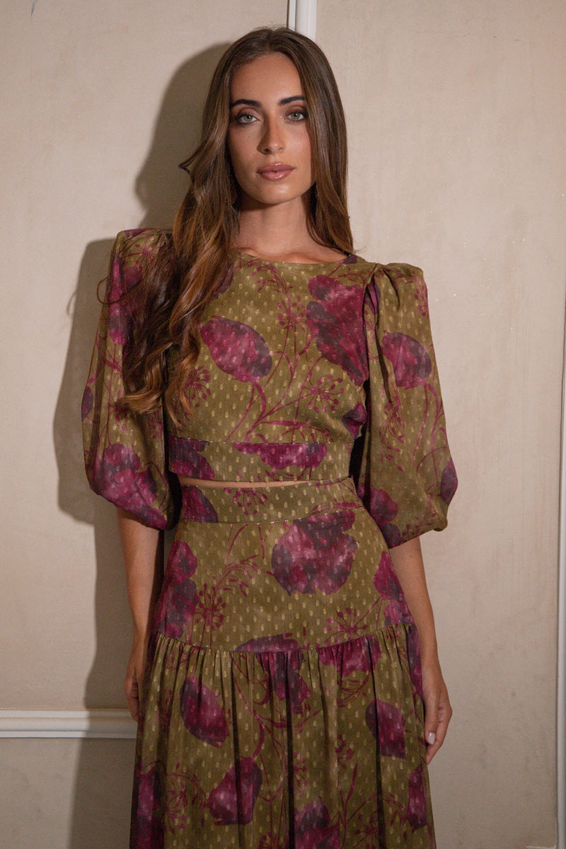 Floral crop top with statement shoulders and matching waistband skirt