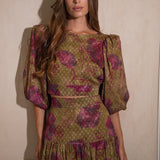 Floral crop top with statement shoulders and matching waistband skirt
