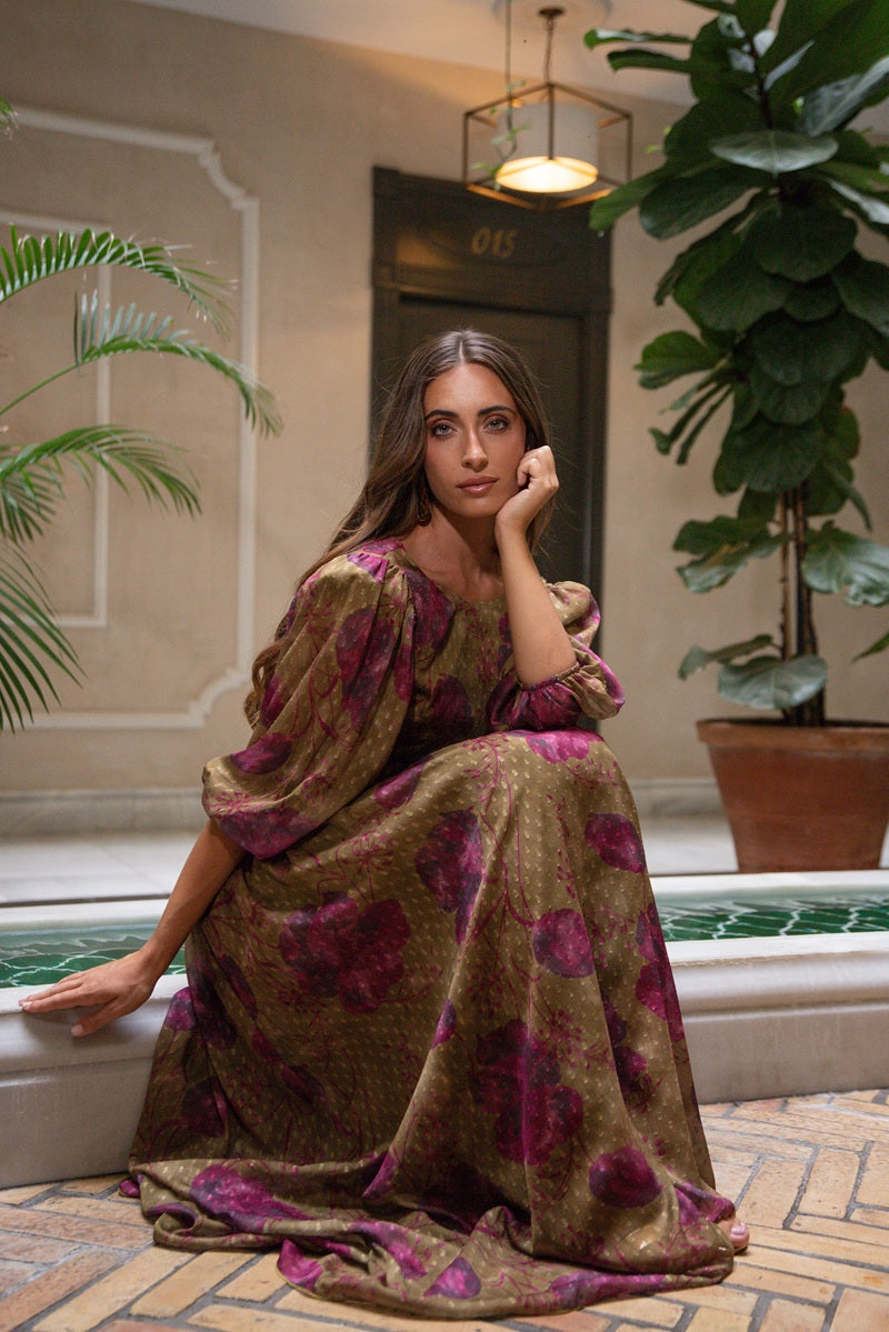 Olive Roseraie flowing floral skirt set, seated view
