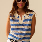 open knit striped sleeveless sweater