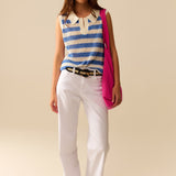 open knit striped sleeveless sweater