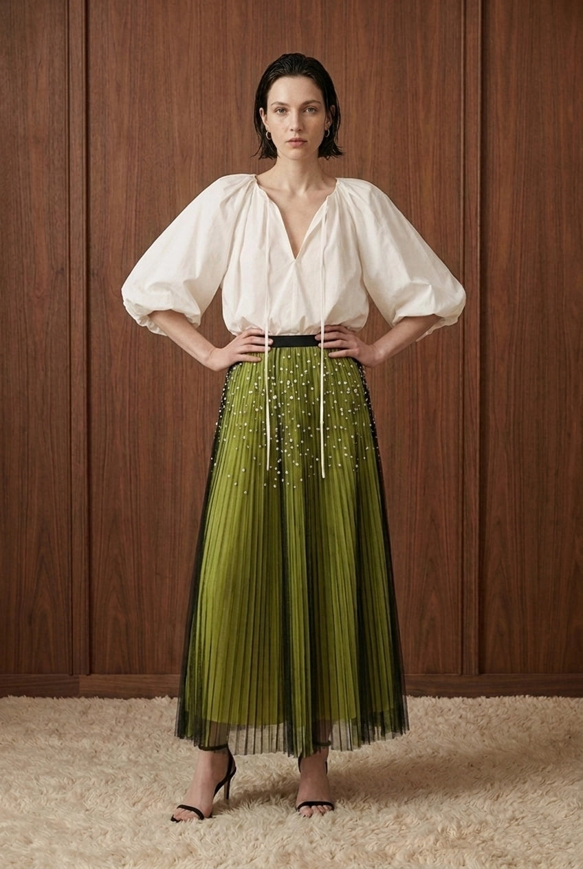 Perle Cascade Pleated Midi Skirt — olive front view
