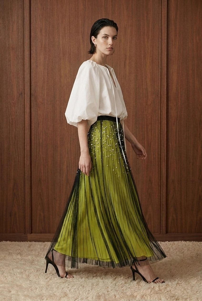 Perle Cascade Pleated Midi Skirt — olive movement view