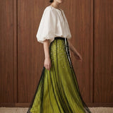 Perle Cascade Pleated Midi Skirt — olive movement view