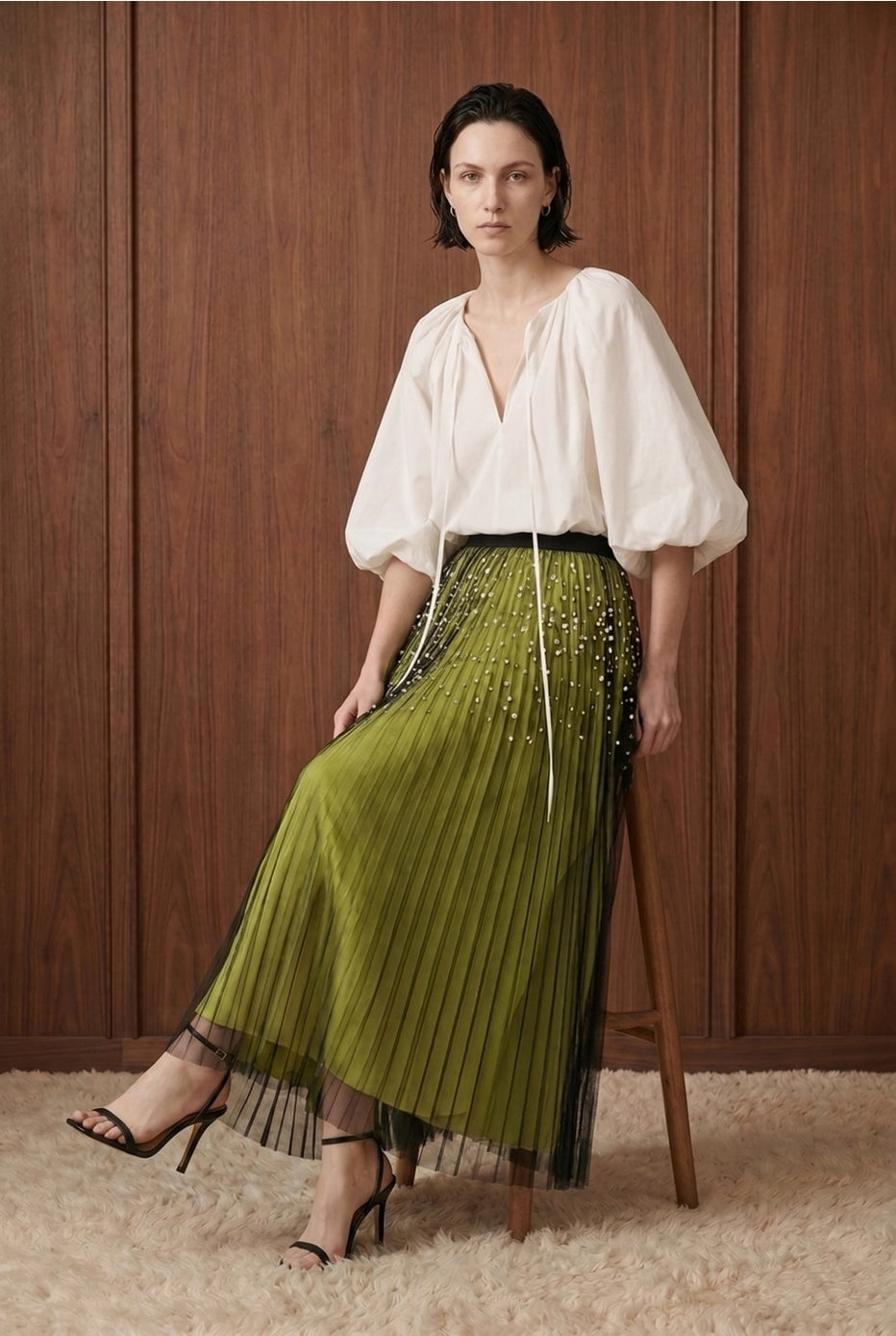 Perle Cascade Pleated Midi Skirt — olive seated view