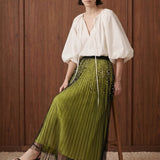 Perle Cascade Pleated Midi Skirt — olive seated view