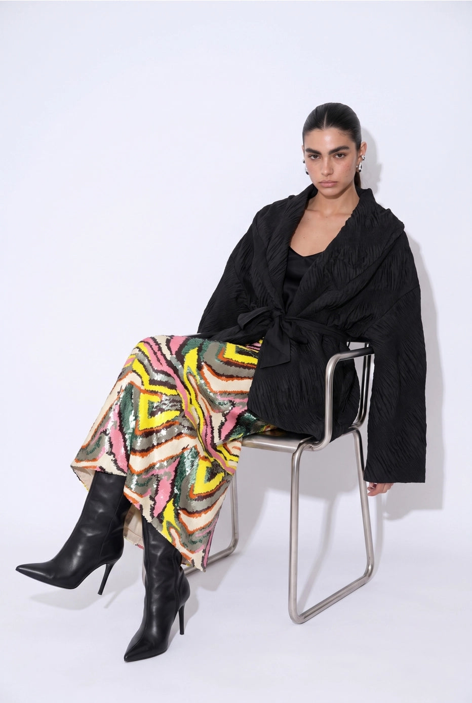 Prisme Ondulé Sequin Column Skirt in Multi — seated view