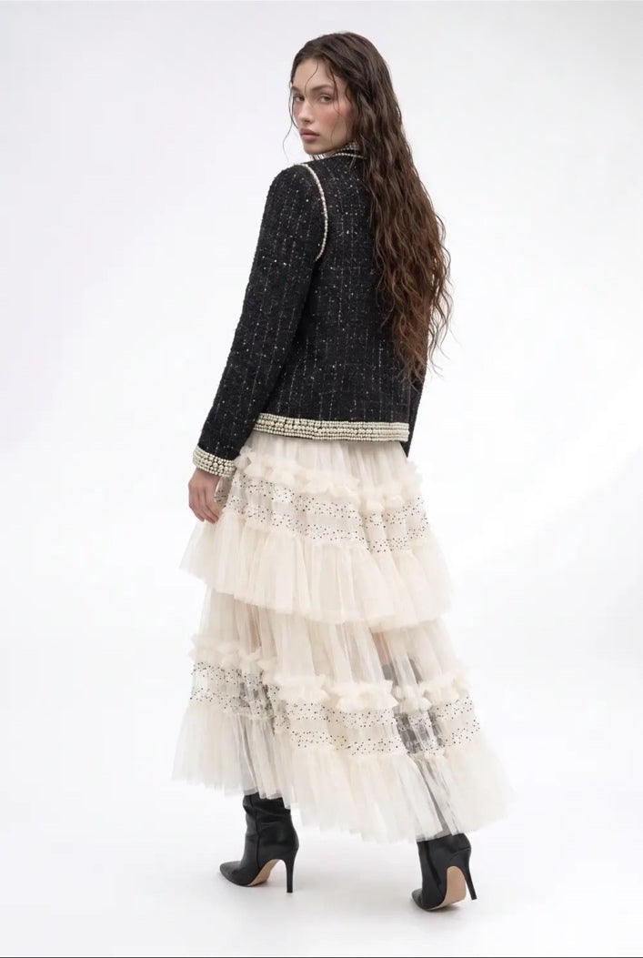 Regent Pearl-Embellished Bouclé Jacket — Black jacket back view showing textured bouclé, tailored seams and pearl-trimmed hem