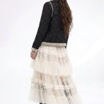 Regent Pearl-Embellished Bouclé Jacket — Black jacket back view showing textured bouclé, tailored seams and pearl-trimmed hem