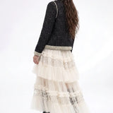 Regent Pearl-Embellished Bouclé Jacket — Black jacket back view showing textured bouclé, tailored seams and pearl-trimmed hem