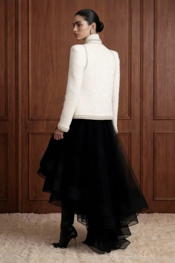 Regent Pearl-Embellished Bouclé Jacket — Ivory jacket back view with contour seams and trimmed cuffs and hem