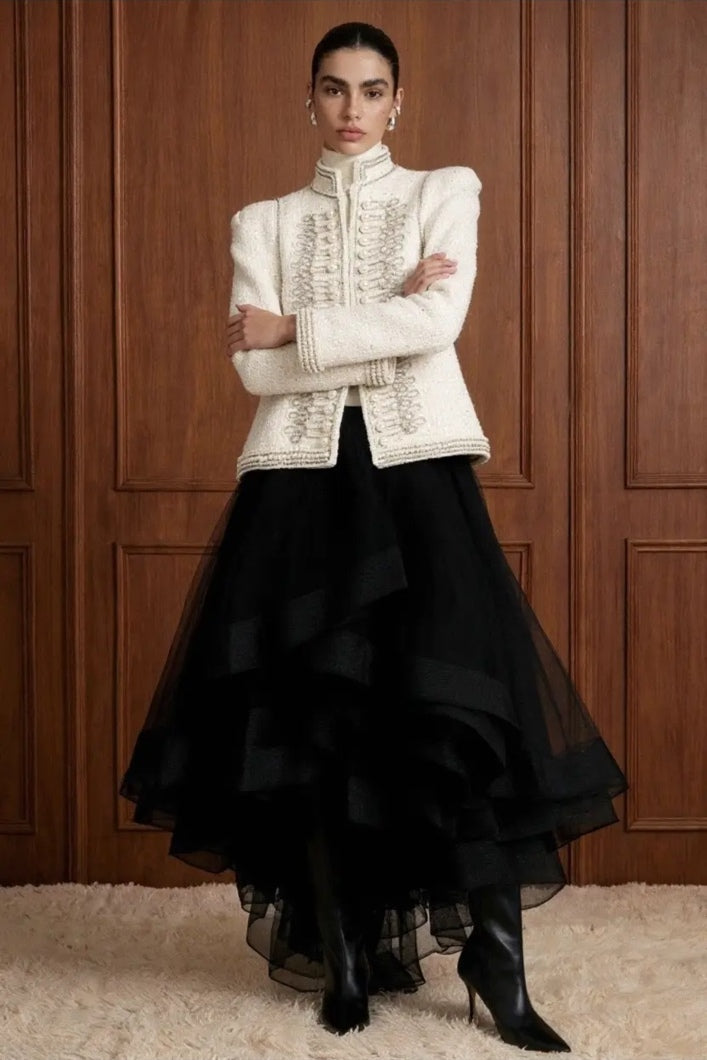 Regent Pearl-Embellished Bouclé Jacket — Ivory jacket full front view with faux-pearl embellishments and braided military trim