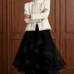Regent Pearl-Embellished Bouclé Jacket — Ivory jacket full front view with faux-pearl embellishments and braided military trim