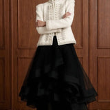 Regent Pearl-Embellished Bouclé Jacket — Ivory jacket full front view with faux-pearl embellishments and braided military trim