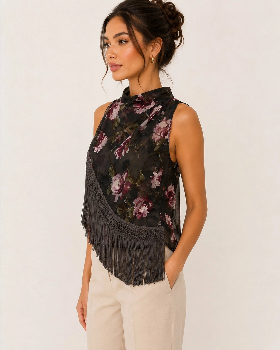 Rosalie Floral Fringe Top — side view