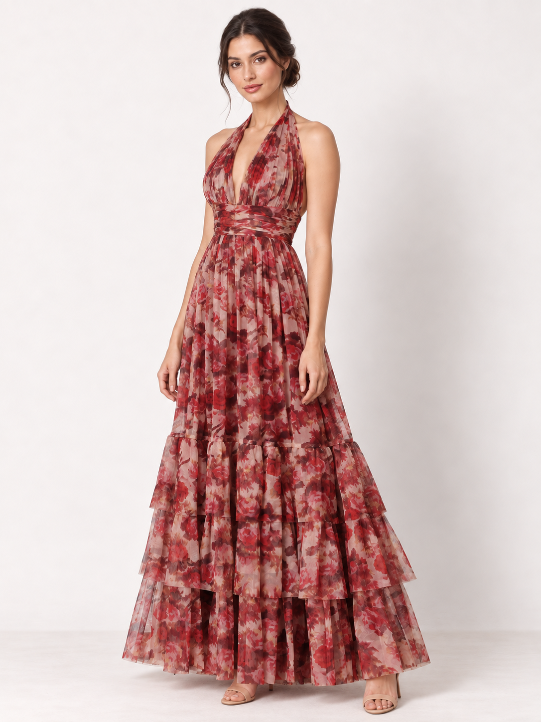 Rosalie Halter Tulle Maxi Dress in Rose Floral – angle view