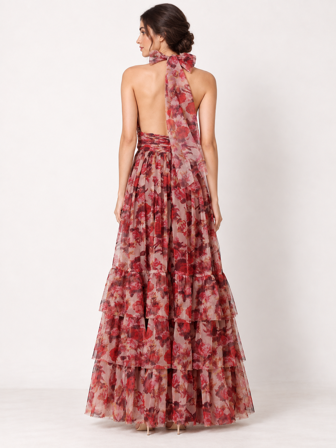 Rosalie Halter Tulle Maxi Dress in Rose Floral – back view