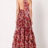 Rosalie Halter Tulle Maxi Dress in Rose Floral – back view