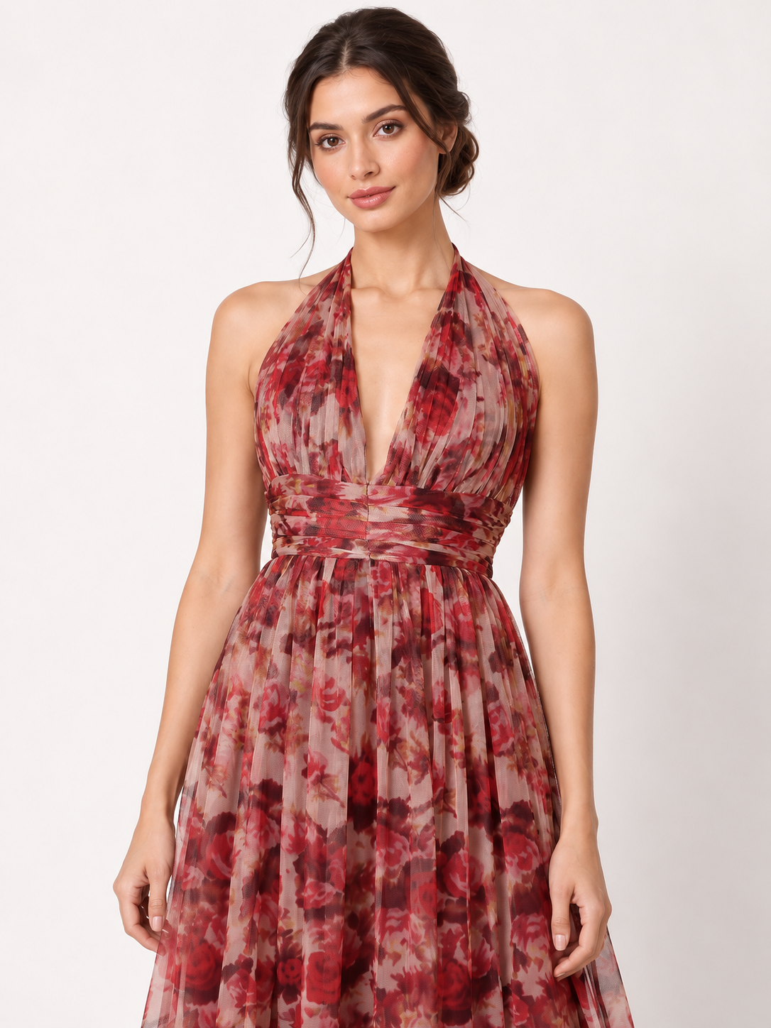 Rosalie Halter Tulle Maxi Dress in Rose Floral – detail view