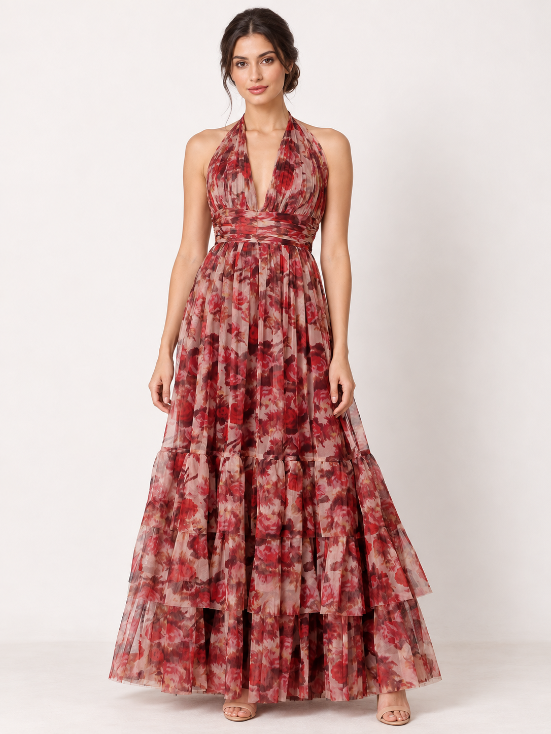 Rosalie Halter Tulle Maxi Dress in Rose Floral – front view