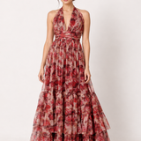 Rosalie Halter Tulle Maxi Dress in Rose Floral – front view
