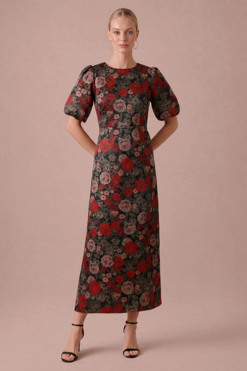 Rose d’Automne floral jacquard midi dress in Black Multi, full front view