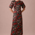 Rose d’Automne floral jacquard midi dress in Black Multi, full front view