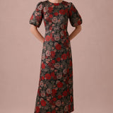 Rose d’Automne floral jacquard midi dress in Black Multi, full front view