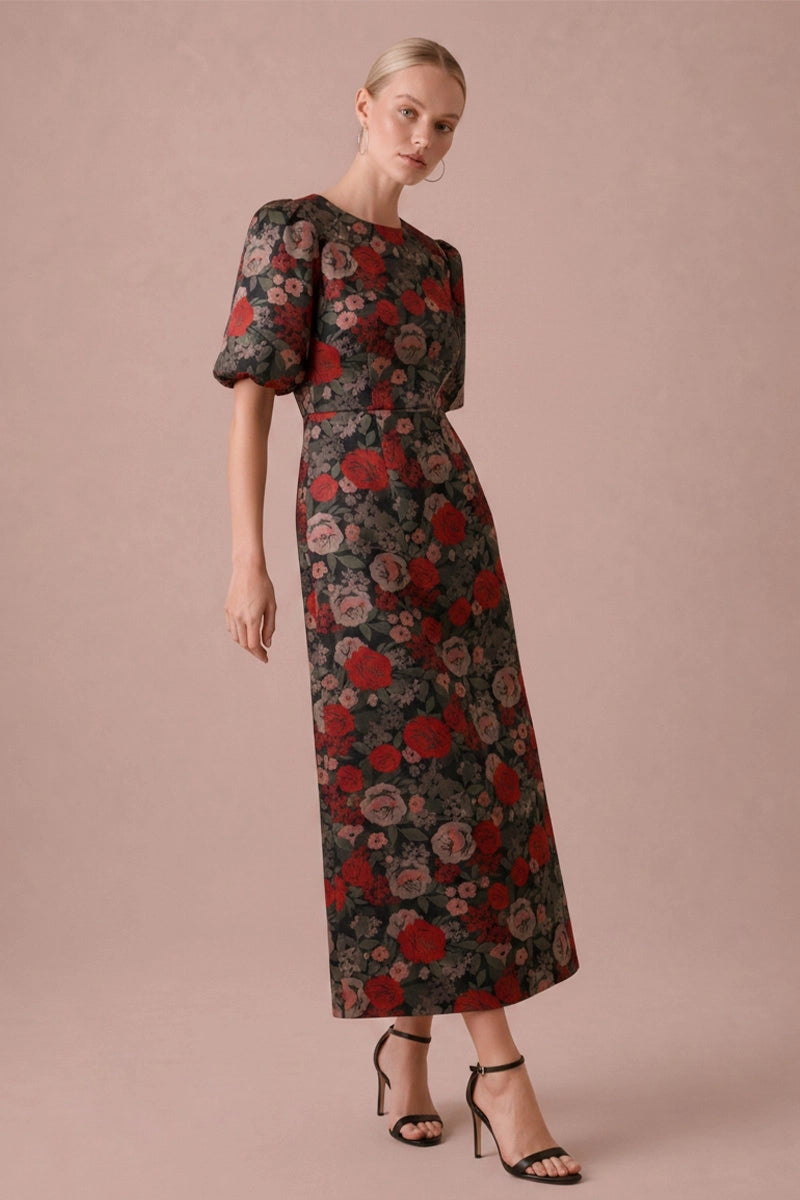 Floral jacquard midi dress with bubble sleeves, angled view