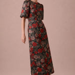 Floral jacquard midi dress with bubble sleeves, angled view