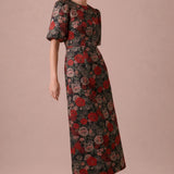 Floral jacquard midi dress with bubble sleeves, angled view