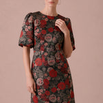 Rose d’Automne round neckline and floral jacquard bodice detail