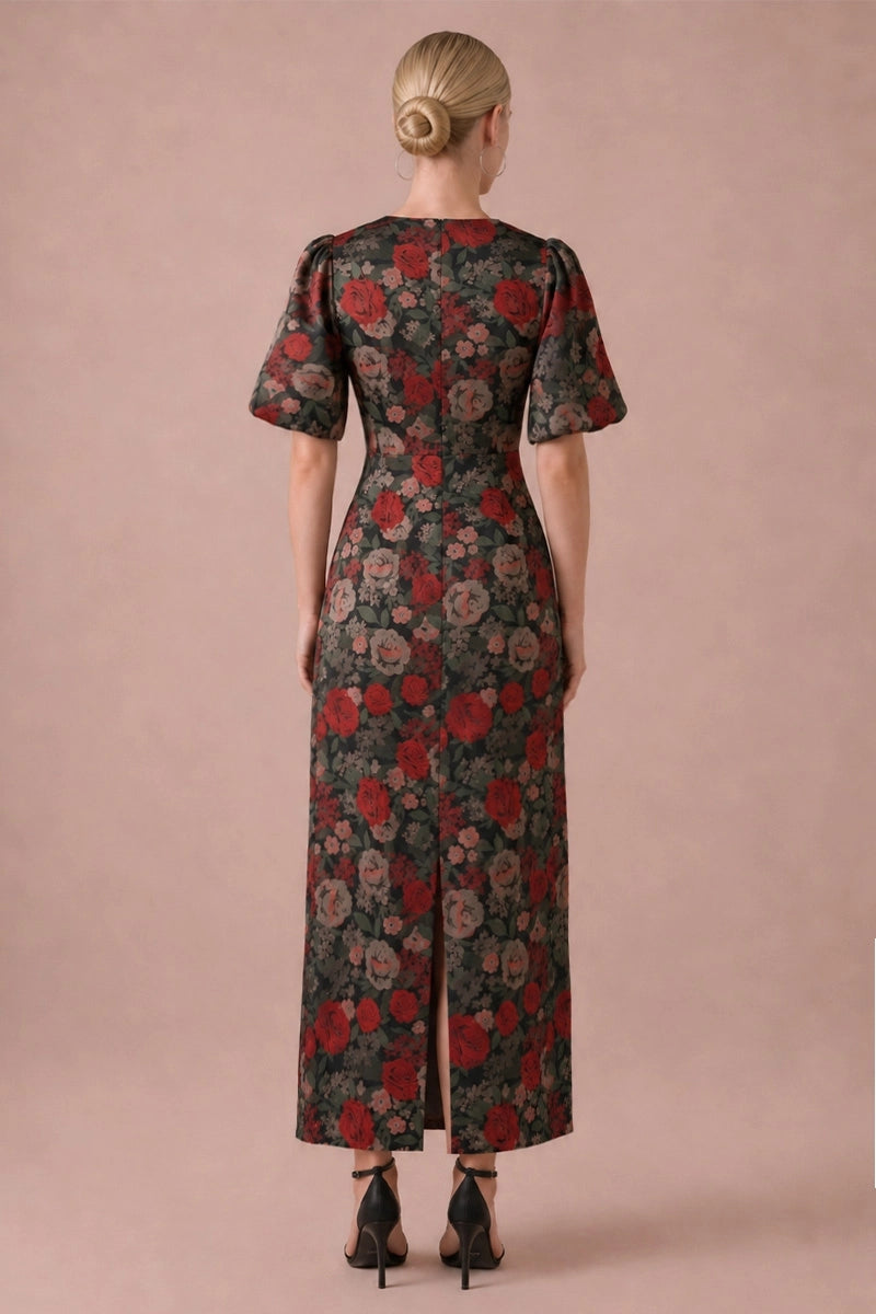 Rose d’Automne midi dress, back view showing zipper and slit