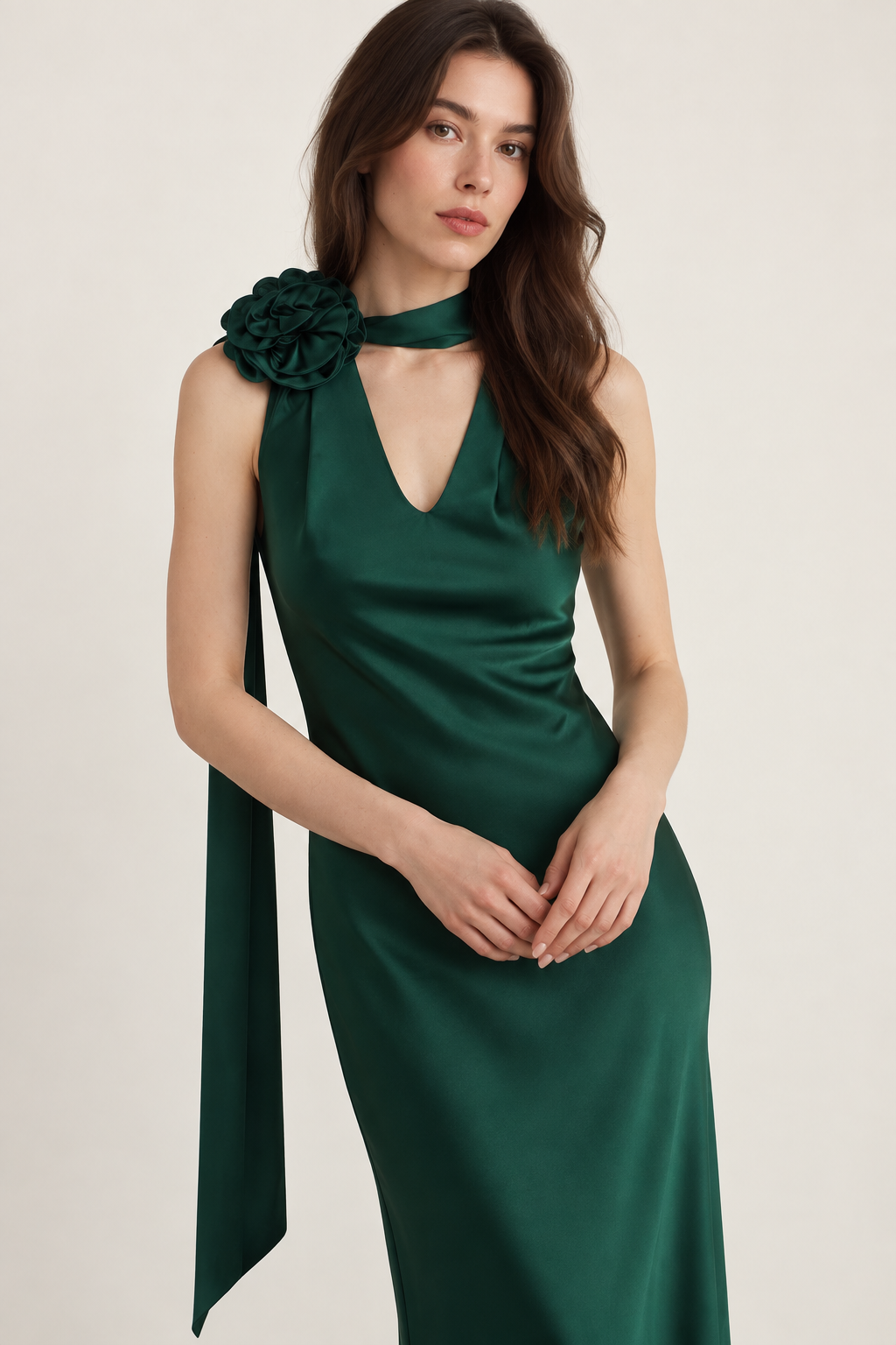 Roseline Emerald Rosette Maxi Dress close-up view