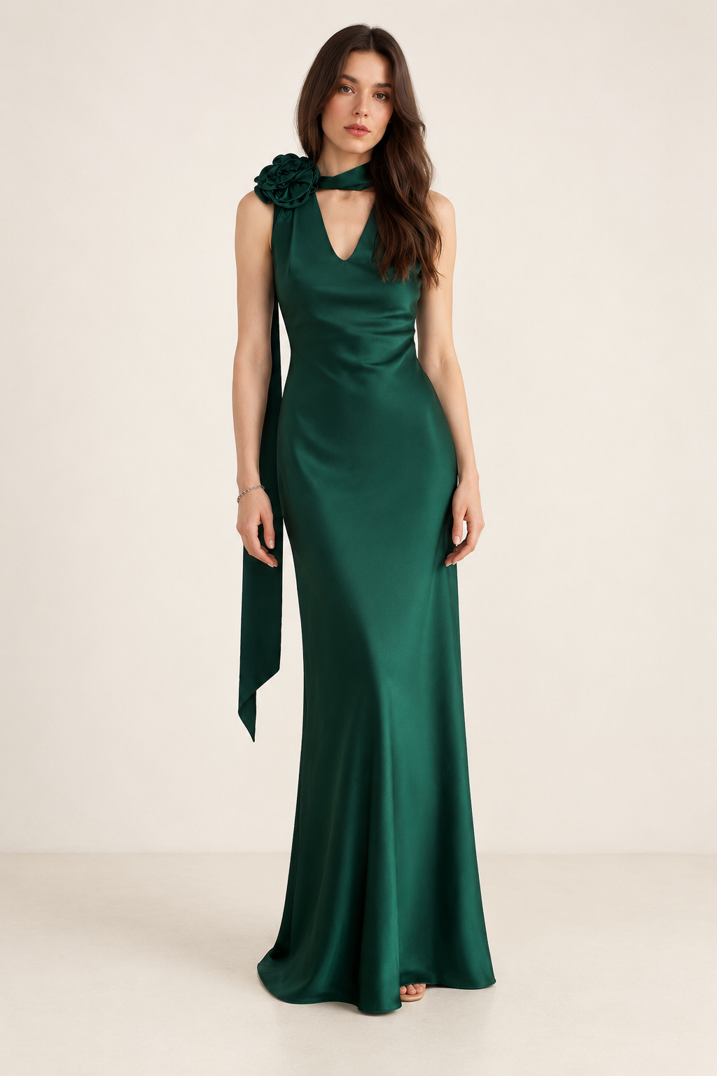 Roseline Emerald Rosette Maxi Dress front view