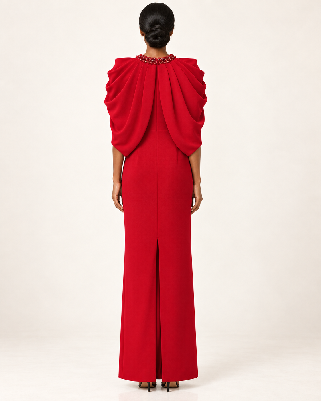 Scarlet Overture red beaded cape-sleeve maxi dress back view