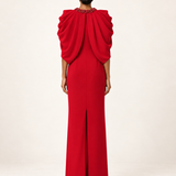 Scarlet Overture red beaded cape-sleeve maxi dress back view
