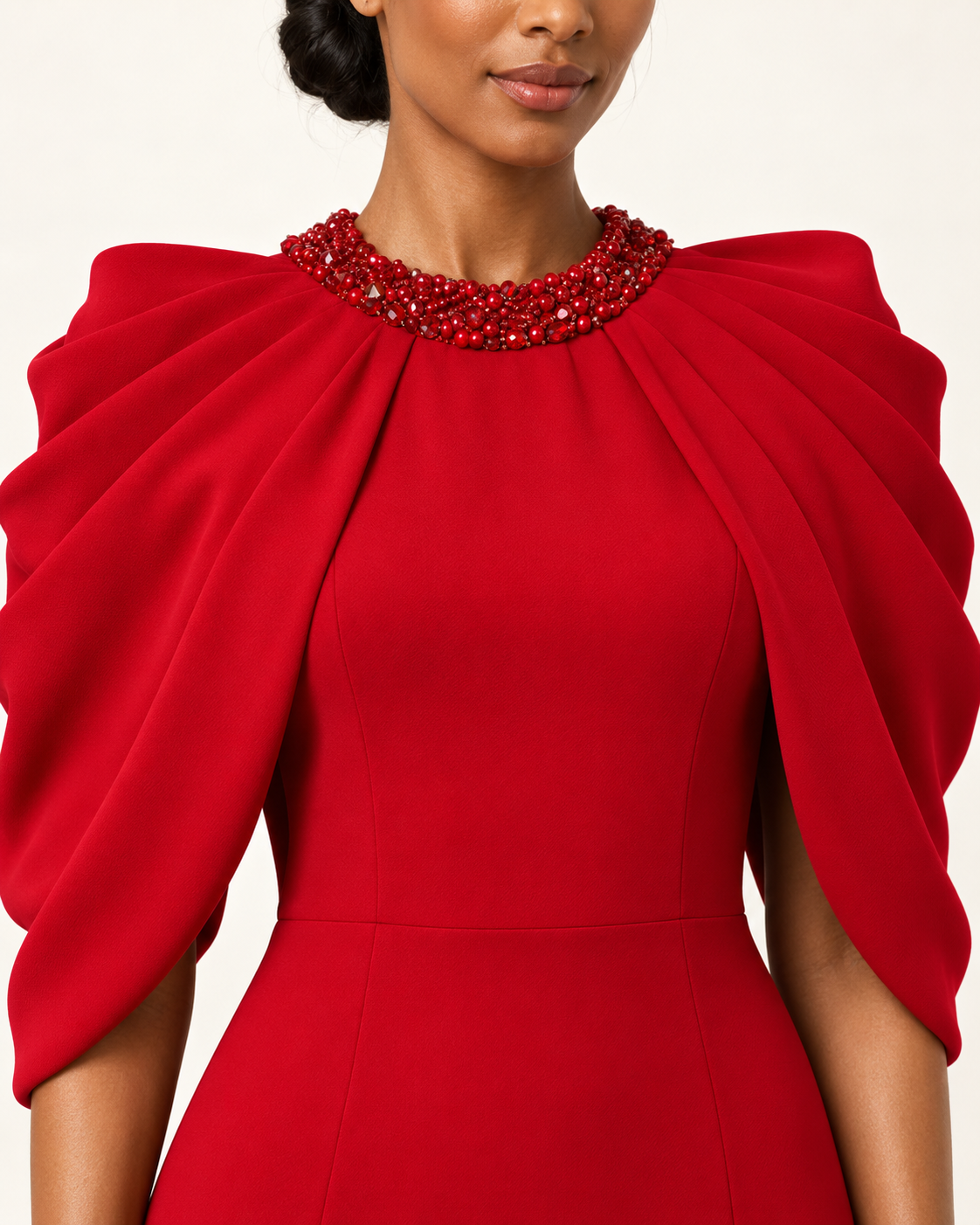 Scarlet Overture red beaded cape-sleeve maxi dress detail view