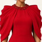 Scarlet Overture red beaded cape-sleeve maxi dress detail view