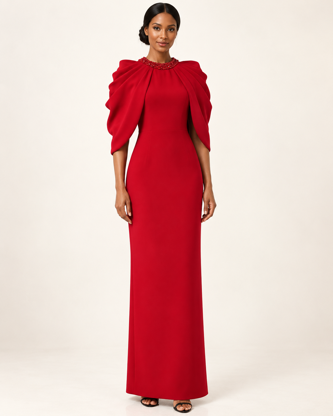 Scarlet Overture red beaded cape-sleeve maxi dress front view