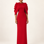 Scarlet Overture red beaded cape-sleeve maxi dress front view