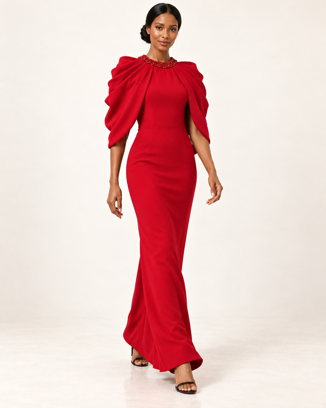 Scarlet Overture red beaded cape-sleeve maxi dress movement view