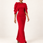 Scarlet Overture red beaded cape-sleeve maxi dress movement view