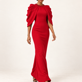 Scarlet Overture red beaded cape-sleeve maxi dress movement view