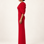 Scarlet Overture red beaded cape-sleeve maxi dress side view